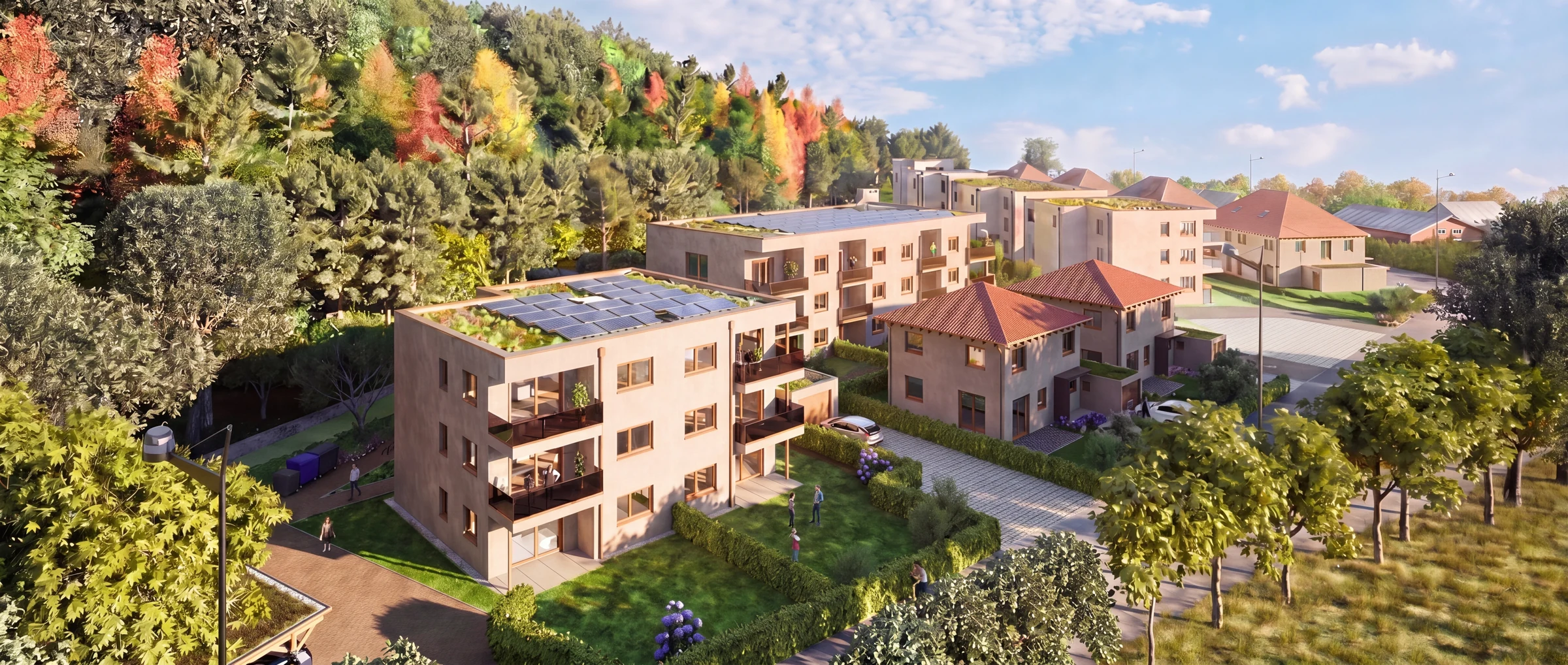 Rendering des fertigen Wohnparks Horbach aus der Vogelperspektive