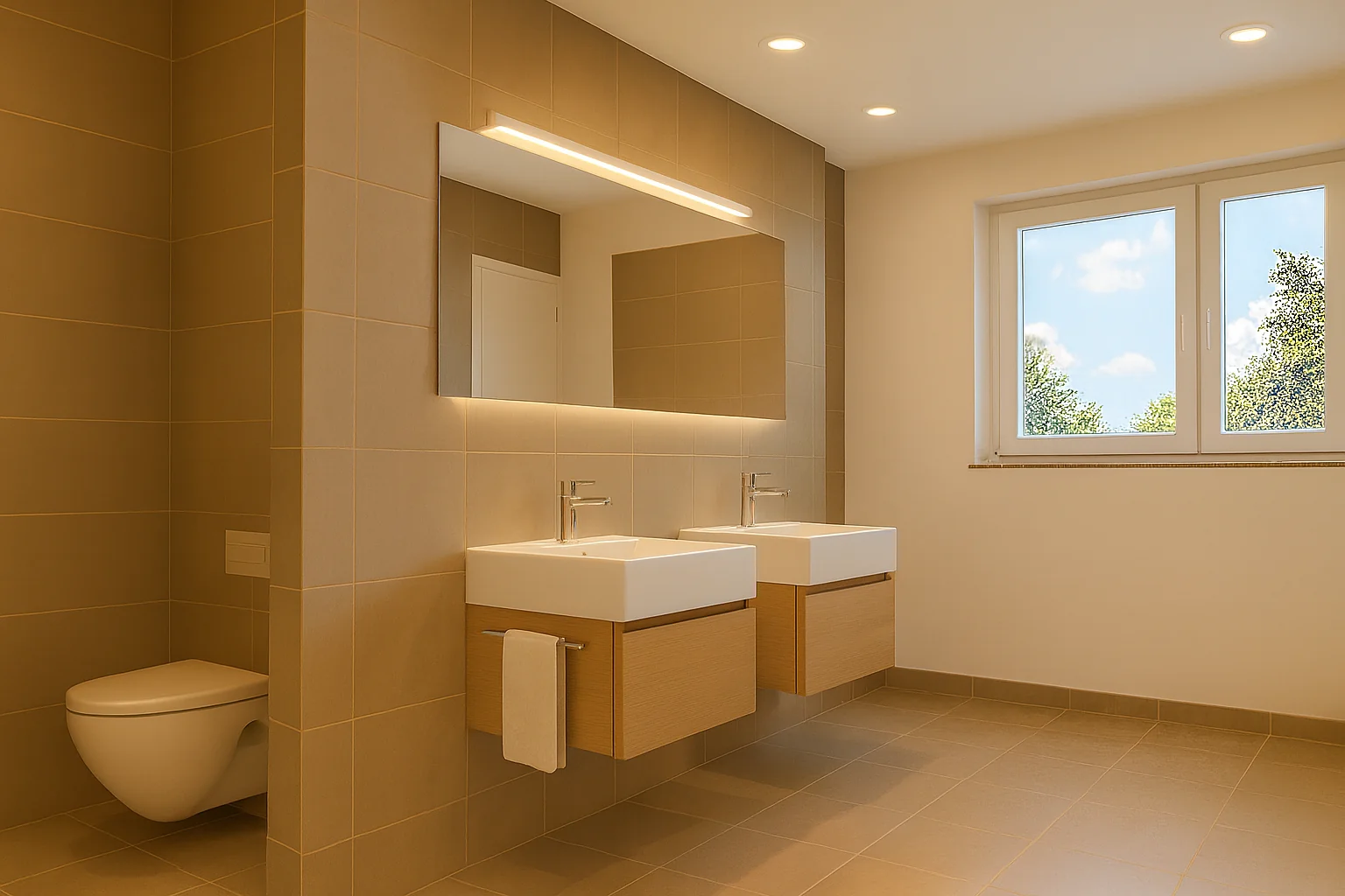 Modernes Badezimmer mit Doppelwaschtisch und Tageslicht
